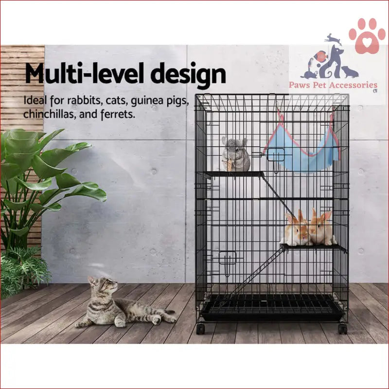 Multi-level wire cage with platforms for small pets like rabbits and guinea pigs