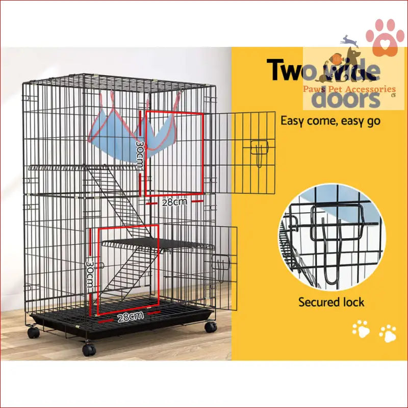 Multi-level metal wire pet rabbit cage with wheels and two front doors for indoor guinea pigs