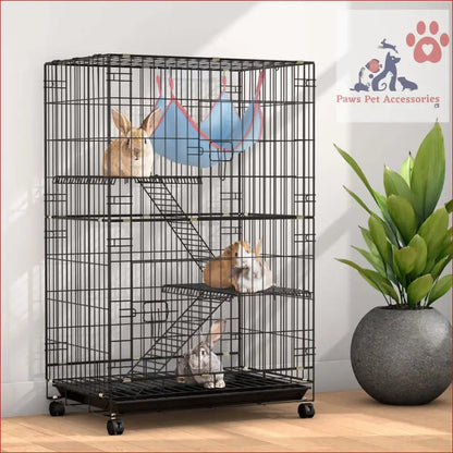 Multi-level wire pet rabbit cage on wheels, perfect for indoor guinea pig or ferret