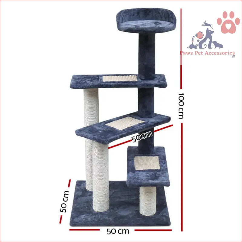 Multi-level cat tree 100cm with navy carpet, scratching posts, and comfy platforms