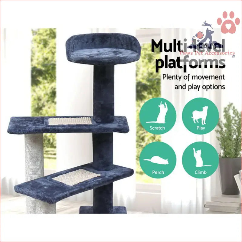 Multi-level Cat Tree 100cm with navy fabric, scratching posts and cozy perches