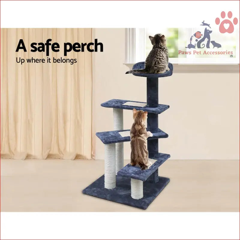 Navy blue Multi-level Cat Tree 100cm with carpeted platforms and scratching posts