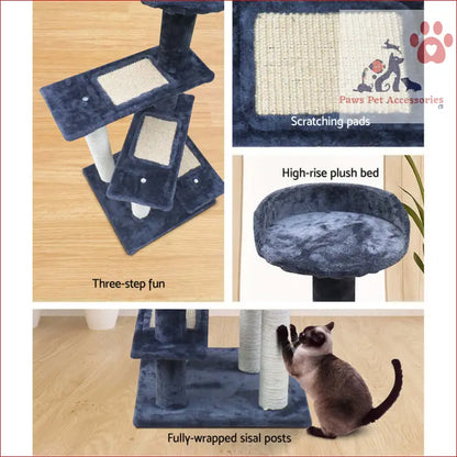 Navy blue and white i.Pet Cat Tree 100cm with scratching posts and plush bed