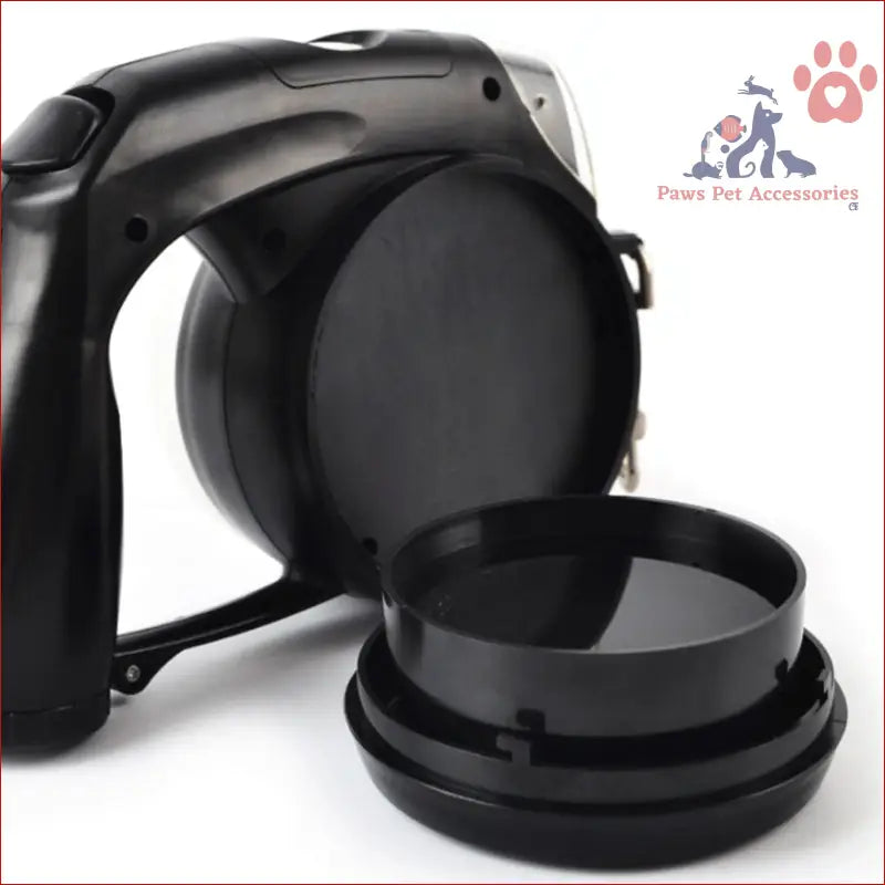 Black multifunctional retractable leash with a snack box and LED walking rope feature