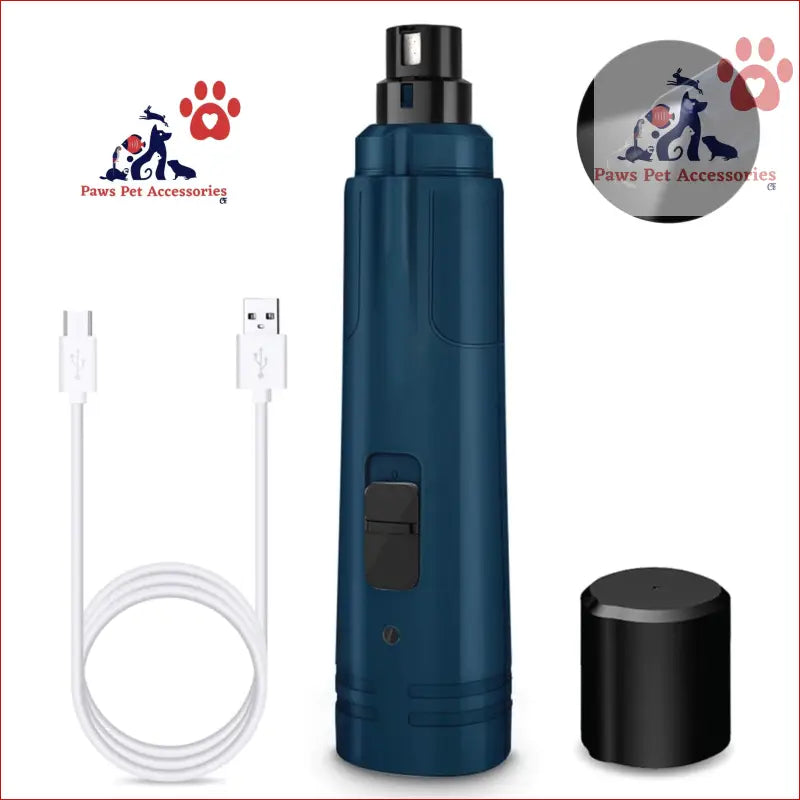 Navy blue rechargeable pet nail grinder with USB cable for easy trimming of dogs and cats