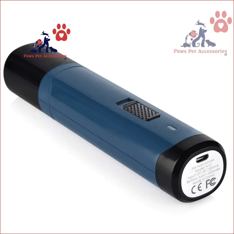 Blue and black pet nail grinder with speaker grille and charging port for dogs and cats