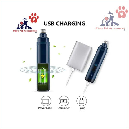 Dark blue USB-rechargeable battery with glowing green light for Pet Nail Grinder