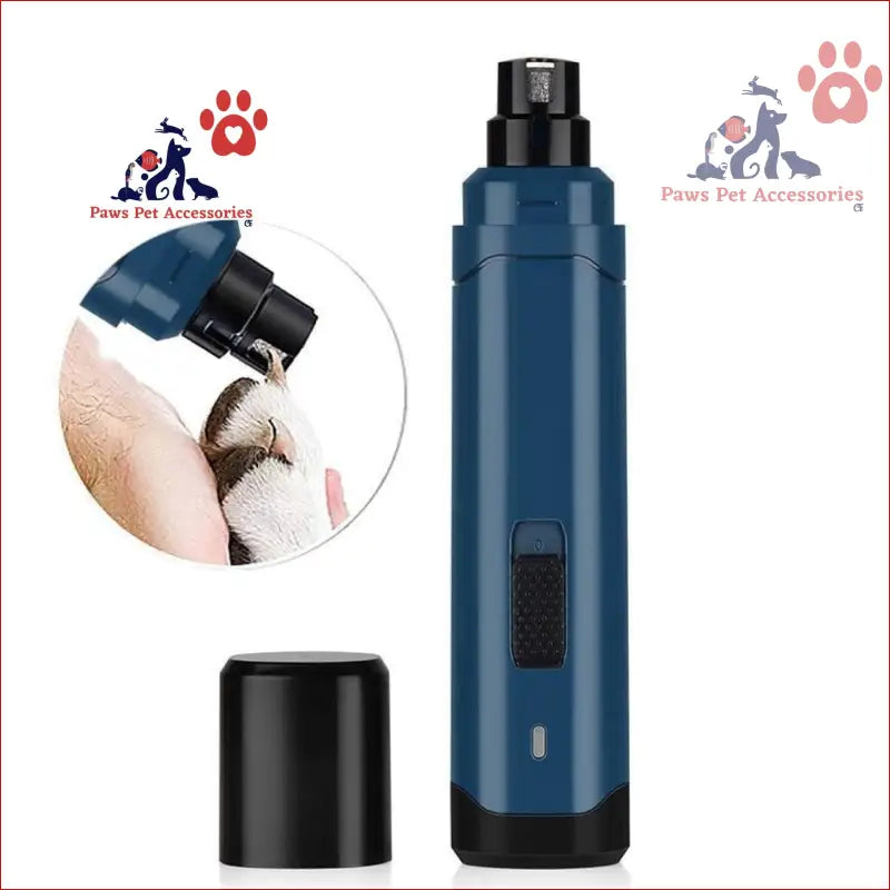 Blue electric pet nail grinder with black cap for dogs and cats, featuring 2-speed option