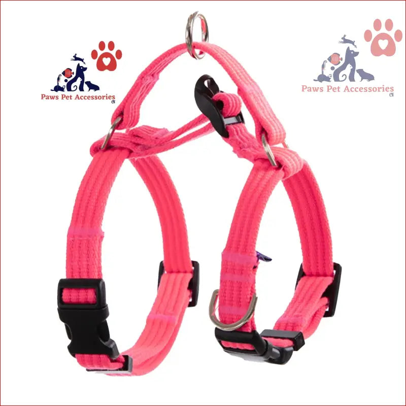 Pink adjustable H-style dog harness with black buckles, perfect double-lined straps harness