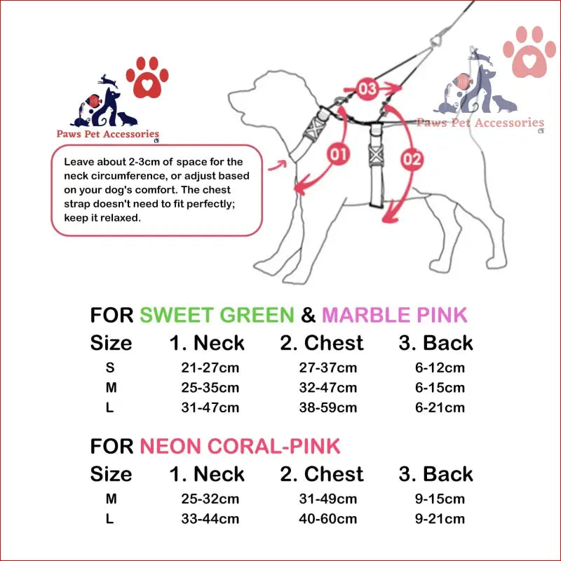 Dog harness sizing chart for Double-Lined Straps Harness Adjustable in Neon Carol-Pink