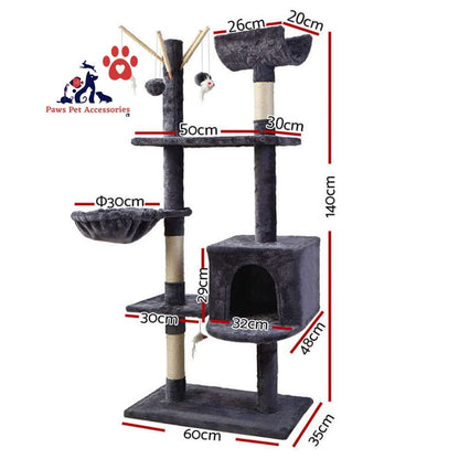 i.Pet Cat Tree 140cm Tower Scratching Post Scratcher Trees Toys Condo Bed Grey