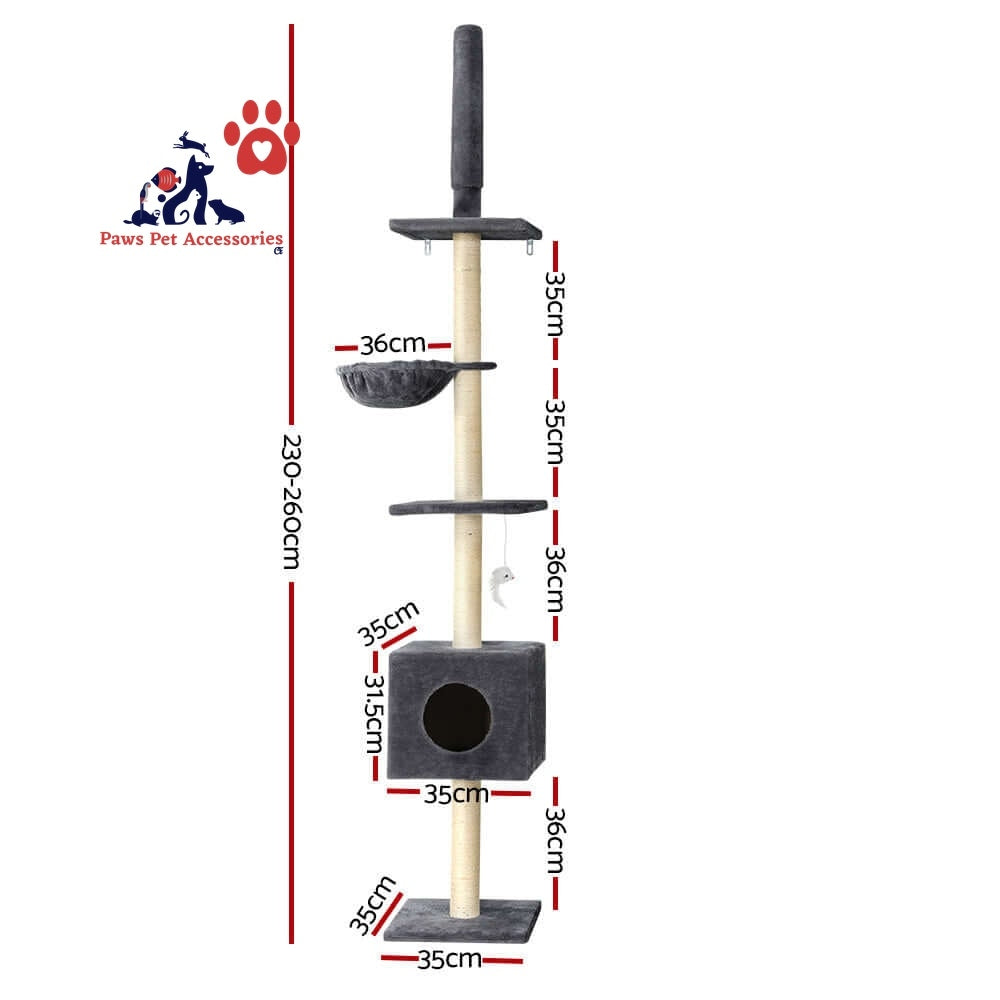 i.Pet Cat Tree 260cm Tower Scratching Post Scratcher Floor to Ceiling Cats Bed Dark Grey