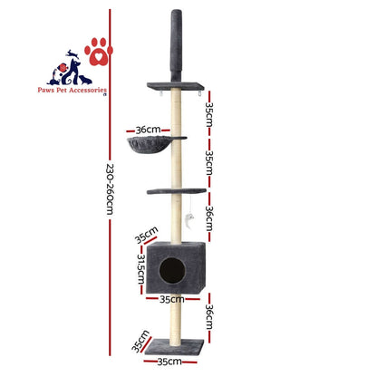 i.Pet Cat Tree 260cm Tower Scratching Post Scratcher Floor to Ceiling Cats Bed Dark Grey