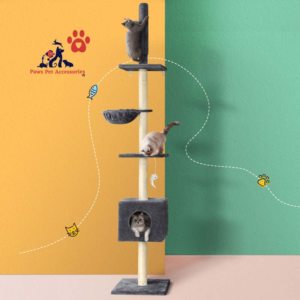 i.Pet Cat Tree 260cm Tower Scratching Post Scratcher Floor to Ceiling Cats Bed Dark Grey