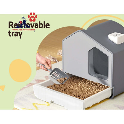 i.Pet Cat Litter Box Large Tray Kitty Toilet Fully Enclosed House Hooded Scoop Mat Grey