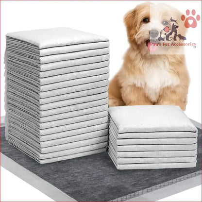 Cute golden dog peeking from behind PETSWOL disposable dog training pads stacked in piles