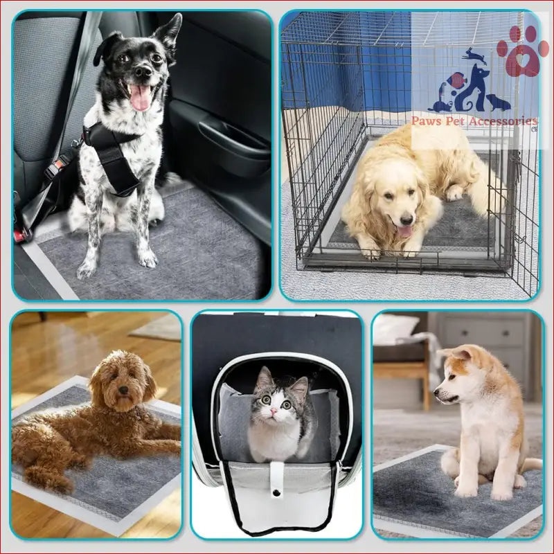 Collage of pets in carriers and on mats with PETSWOL pack disposable dog training pads