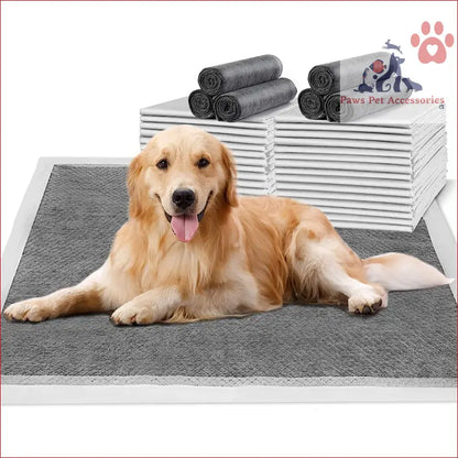 Golden Retriever on a gray mat with towels, showcasing PETSWOL Disposable Dog Training Pads