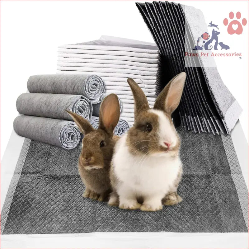 Two adorable rabbits with rolled towels behind them and PETSWOL disposable dog training pads