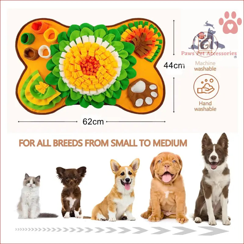 Cute Orange Petswol Pet Snuffle Mat with sunflower and paw prints for playful pups