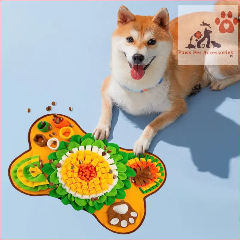 Happy Shiba Inu lounging by a colorful PETSWOL Pet Snuffle Mat for fun mealtime moments