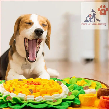 Yawning Beagle enjoying PETSWOL Pet Snuffle Mat, perfect for playful paws pet accessories