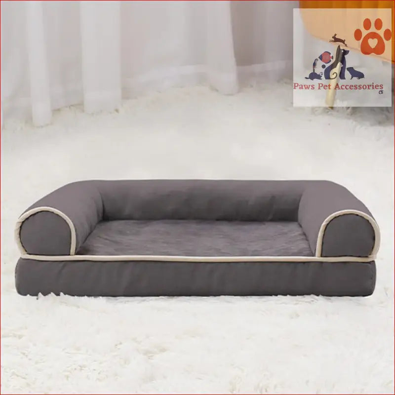 Grey cushioned PETSWOL Curved Design Four Seasons Pet Sofa Bed with white trim and bolsters