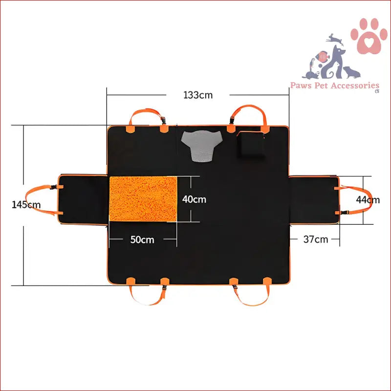 Black PETSWOL dog car seat cover with orange handles and snuffle mat measurements