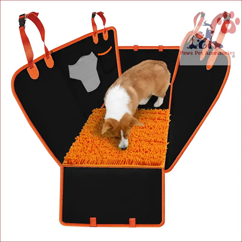 Black PETSWOL Dog Car Seat Cover with orange trim and built-in snuffle mat for pets