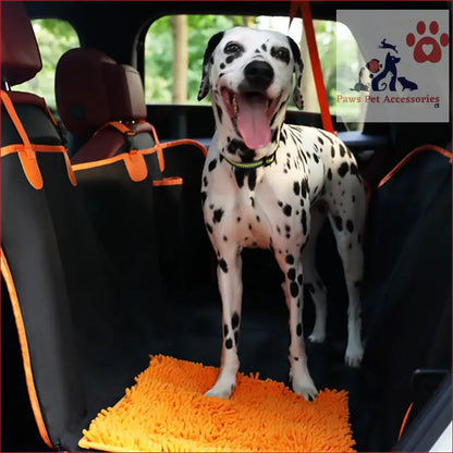 Happy Dalmatian dog smiling on PETSWOL Dog Car Seat Cover with Snuffle Mat