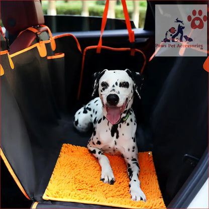 Dalmatian dog chillin’ in a car seat on PETSWOL Dog Car Seat Cover with Snuffle Mat