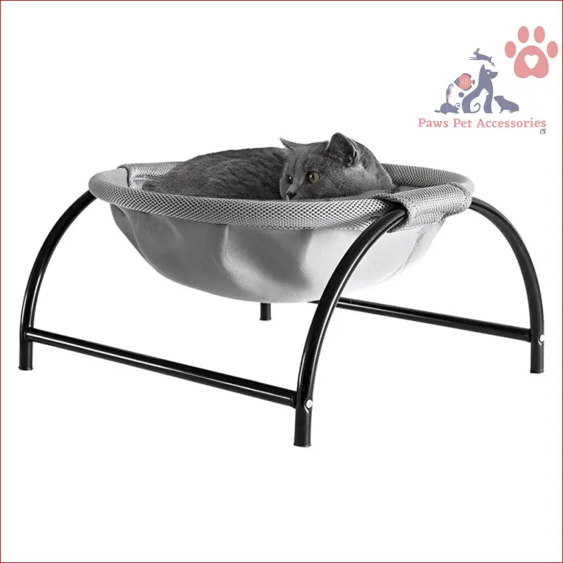 Gray cat chilling in a PETSWOL Elevated Cat Bed Hammock with stylish black frame