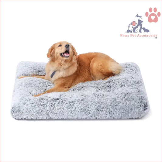 Golden Retriever relaxing on a cozy PETSWOL plush pet mat in warmth-light grey