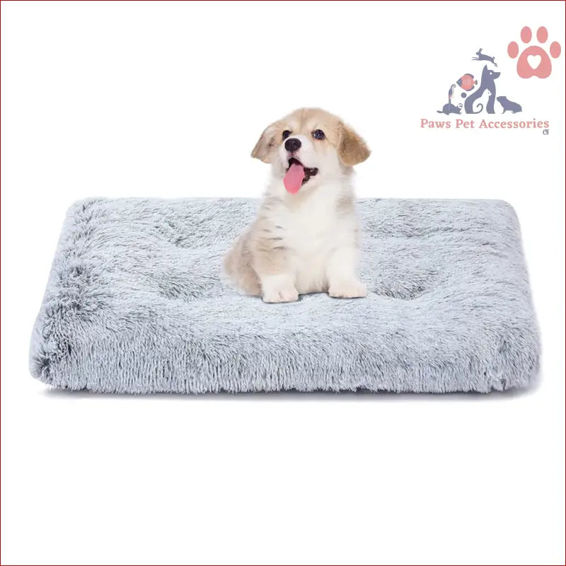 Happy puppy lounging on PETSWOL Plush cozy pet mat for warmth-light grey comfort