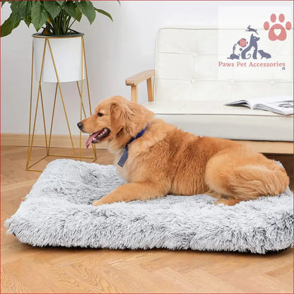 Golden Retriever relaxing on a PETSWOL Plush cozy pet mat in warmth-light grey