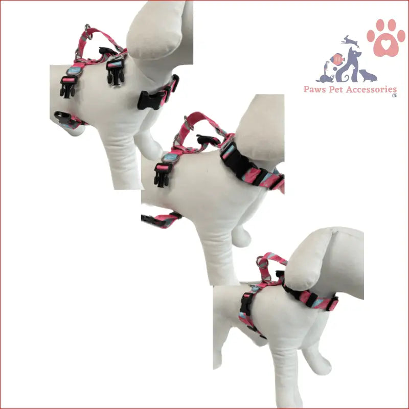 Pink and black striped dog double-lined straps harness on white mannequin forms