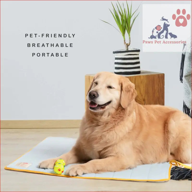 Happy Golden Retriever lounging on a dog cooling mat with a toy on a white mat