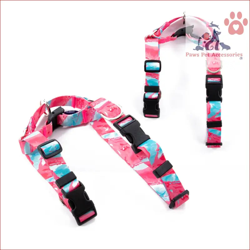 Pink and blue patterned adjustable dog collar with black buckles for double-lined straps harness