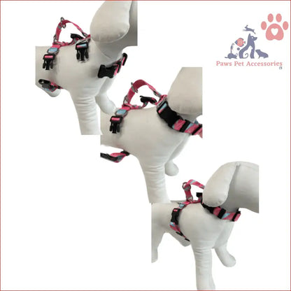 Pink and black striped Dog Double-Lined Straps Harness Adjustable on white mannequin forms