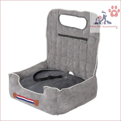 Quilted gray anti-slip pet booster seat with handle, safety leash, and storage pockets