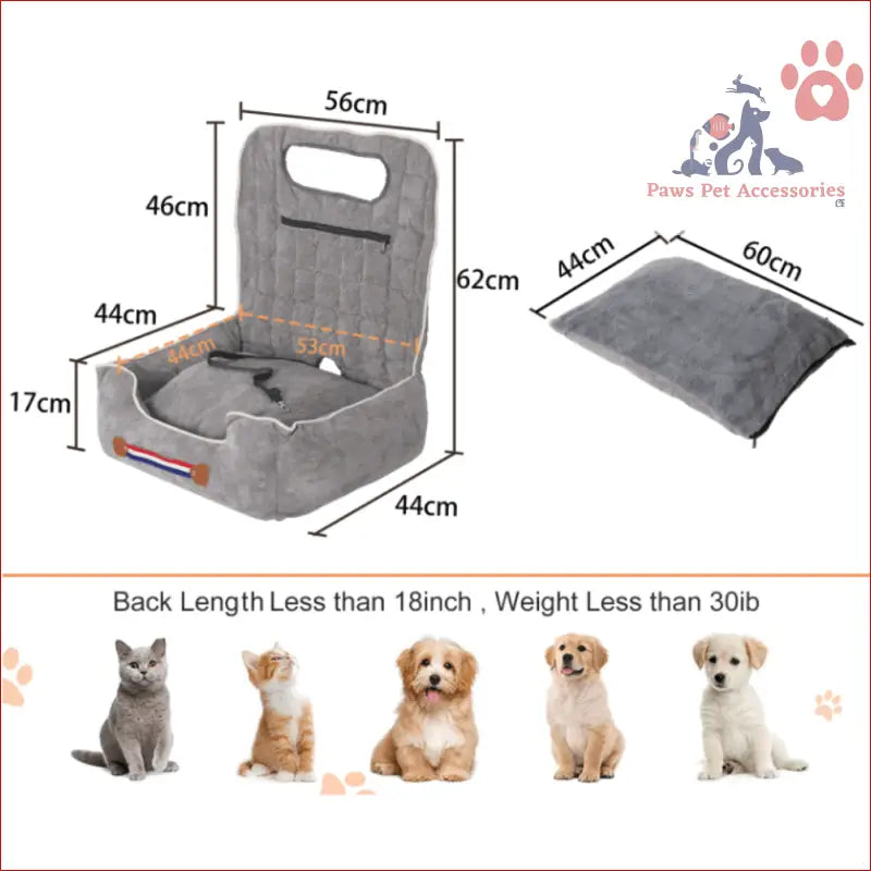 Grey anti-slip pet booster seat with cushioned base, raised back support, and safety leash