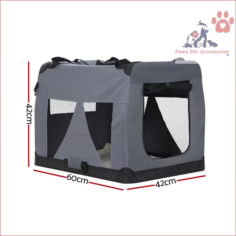 Portable gray and black pet carrier soft with mesh windows for cat travel 60x42cm