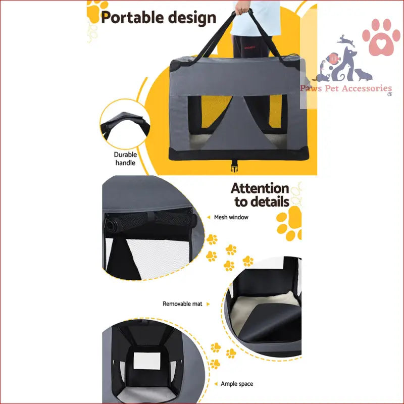 Portable Gray Pet Carrier Soft with Mesh Windows for Cat Travel 60x42cm