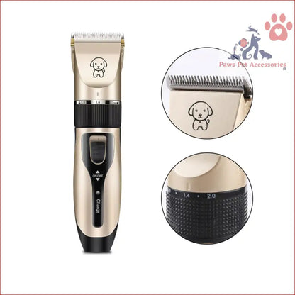 Professional electric pet hair clipper in gold with black grip, perfect for grooming pets