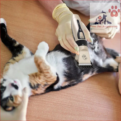 Electric pet hair clippers in use on a black and white cat for grooming fun