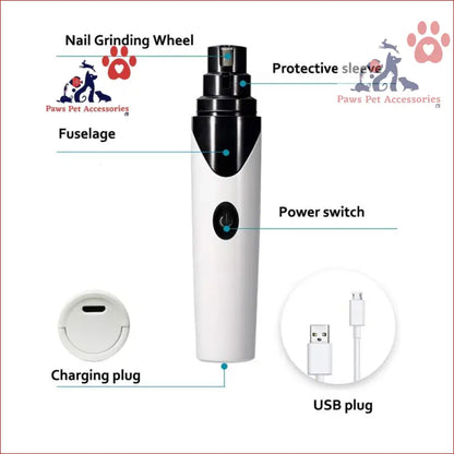 Electric nail grinder parts labeled: charging plug, USB connector, power switch, protective sleeve