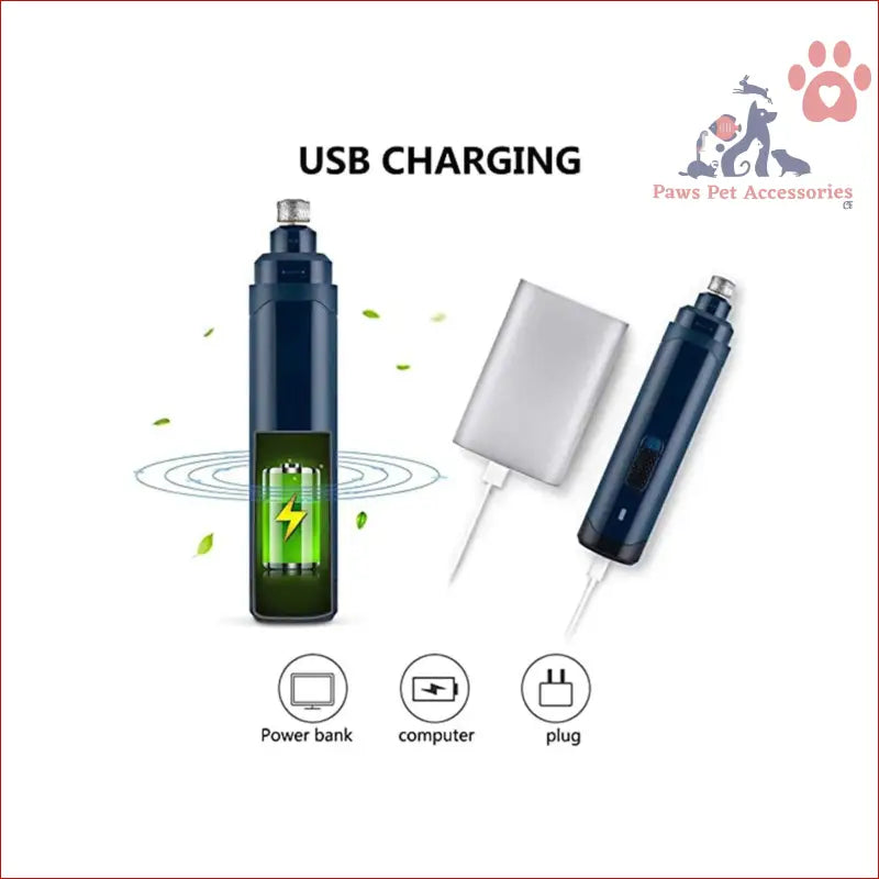 USB-rechargeable Pet Nail Grinder for dogs and cats with charging options and 2 speed settings