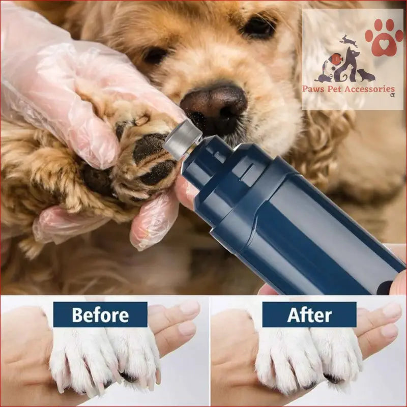 Pet Nail Grinder for Dogs with before and after paw grooming results, rechargeable and speedy