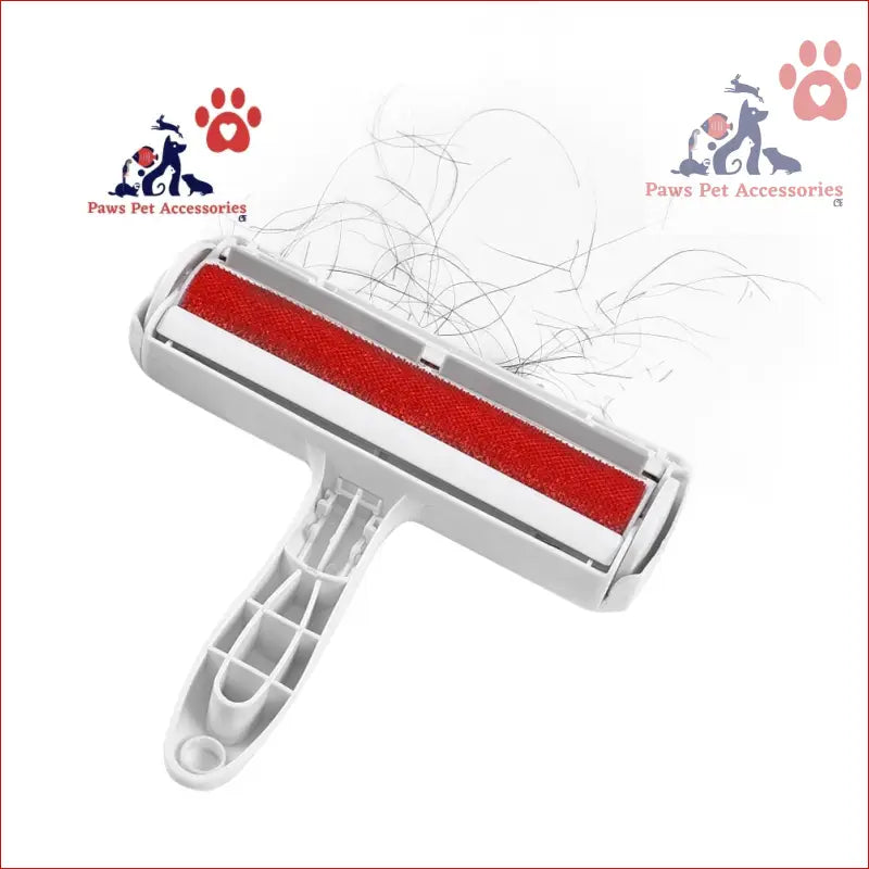 Pet hair remover brush with red lint roller and gray handle for reusable pet hair removal