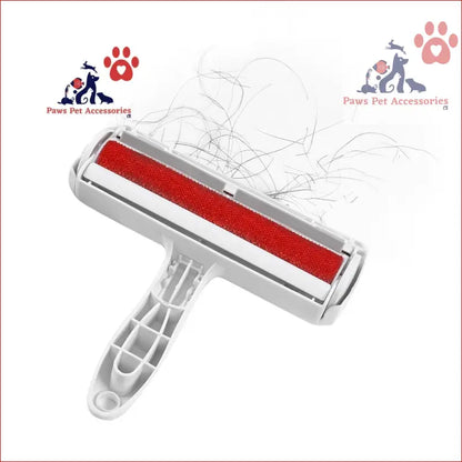 Pet hair remover brush with red lint roller and gray handle for reusable pet hair removal